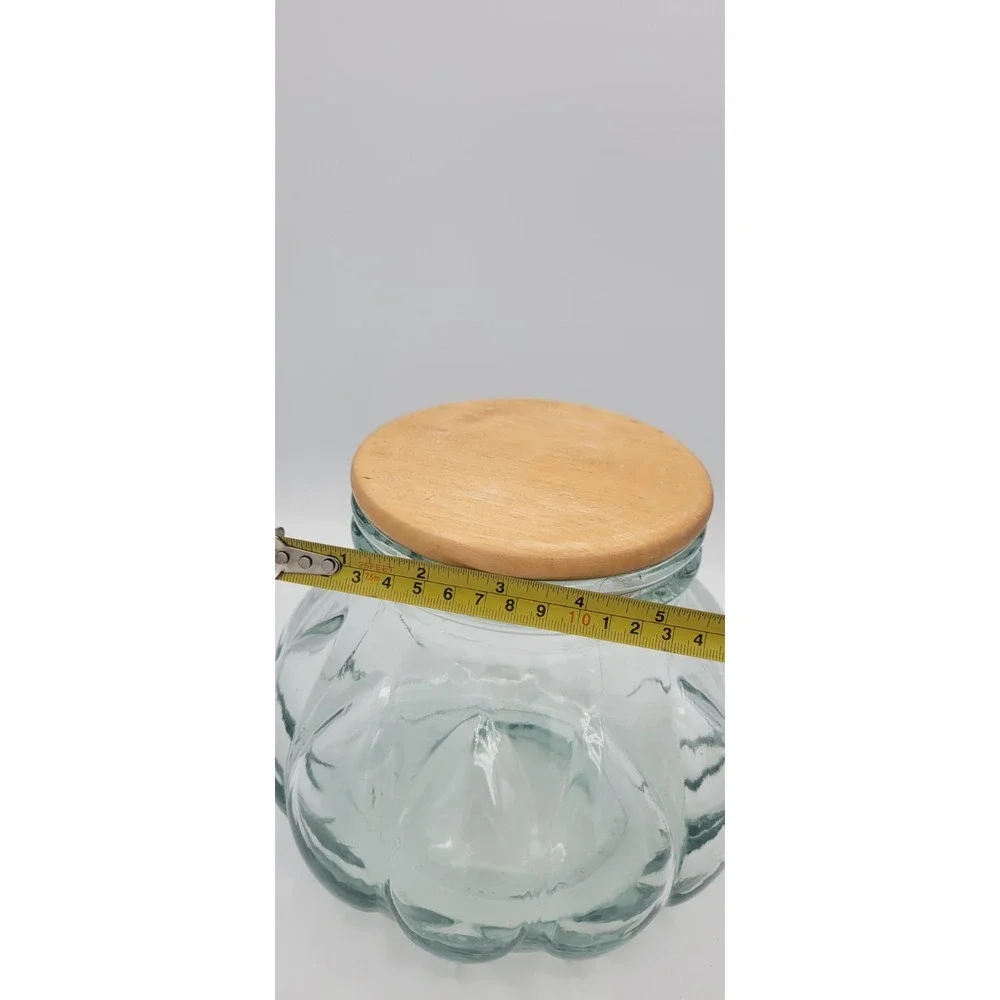 Clear Glass Jar Canister Bubble Glass w/ Wood Snap Lid, Round